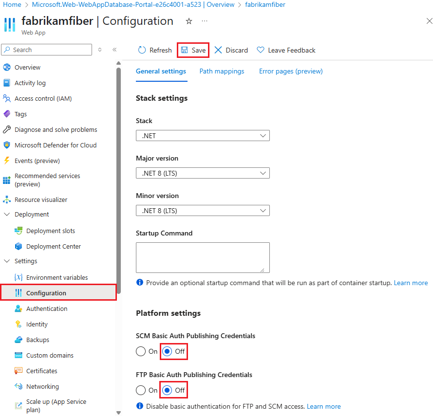 Cuplikan layar yang memperlihatkan cara menonaktifkan autentikasi dasar untuk Azure App Service di portal Microsoft Azure.