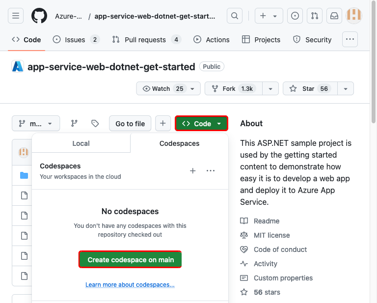 Cuplikan layar memperlihatkan cara membuat ruang kode di repositori GitHub app-service-web-dotnet-get-started forked.