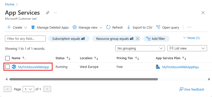 Cuplikan layar portal Azure - Halaman App Services dengan contoh aplikasi web yang dipilih.
