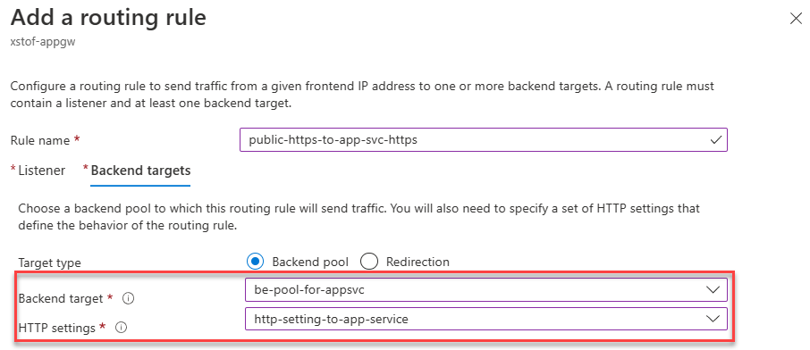 Menambahkan aturan Perutean baru dari pendengar ke Kumpulan Backend App Service menggunakan Pengaturan H T T P yang dikonfigurasi