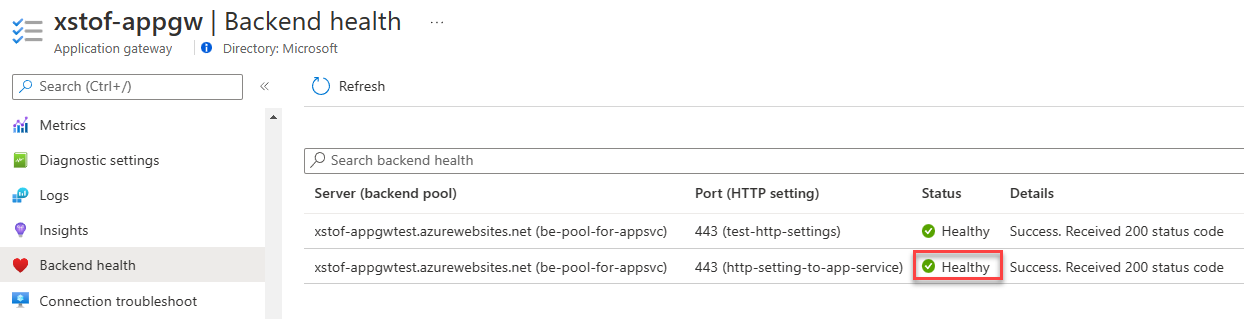 Periksa kesehatan backend di portal Azure