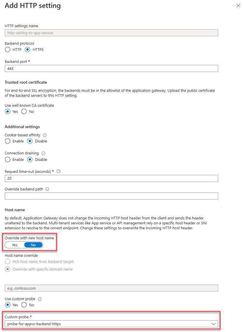 Mengonfigurasi Pengaturan H T T P untuk menggunakan domain kustom menuju backend App Service menggunakan Tanpa Penimpaan