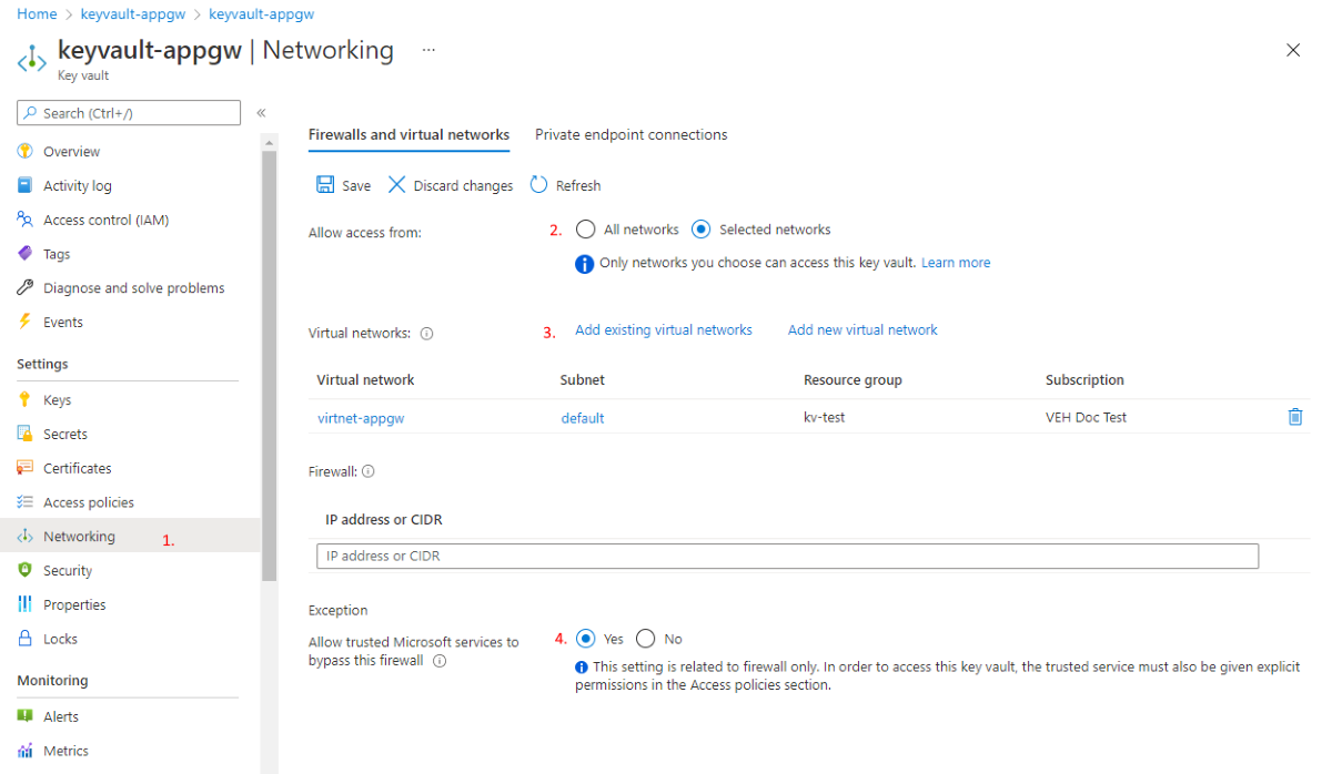 Cuplikan layar yang memperlihatkan pilihan untuk mengonfigurasi Application Gateway untuk menggunakan firewall dan jaringan virtual.