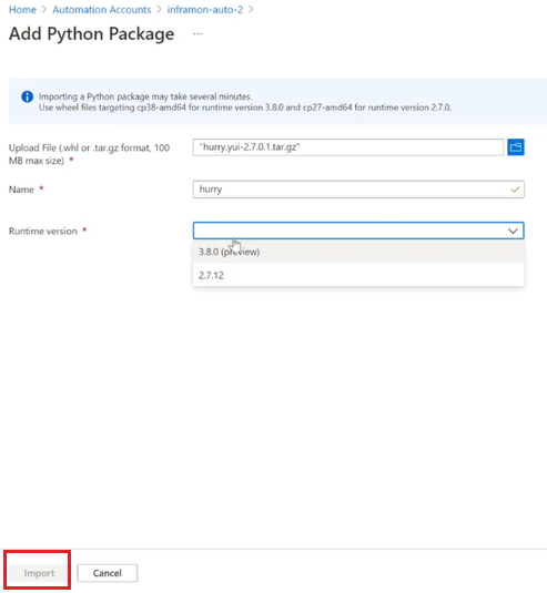 Cuplikan layar memperlihatkan halaman Tambahkan Paket Python dengan file tar.gz yang diunggah dipilih.