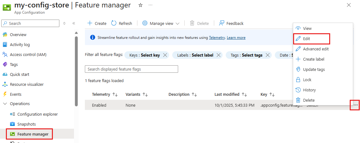 Cuplikan layar dari platform Azure. Edit bendera fitur.