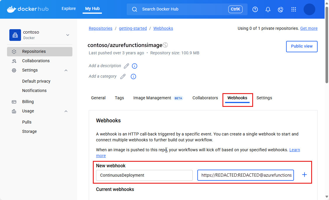 Cuplikan layar menunjukkan cara menambahkan webhook di jendela Docker Hub Anda.