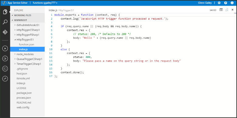 Cuplikan layar yang memperlihatkan editor App Service.