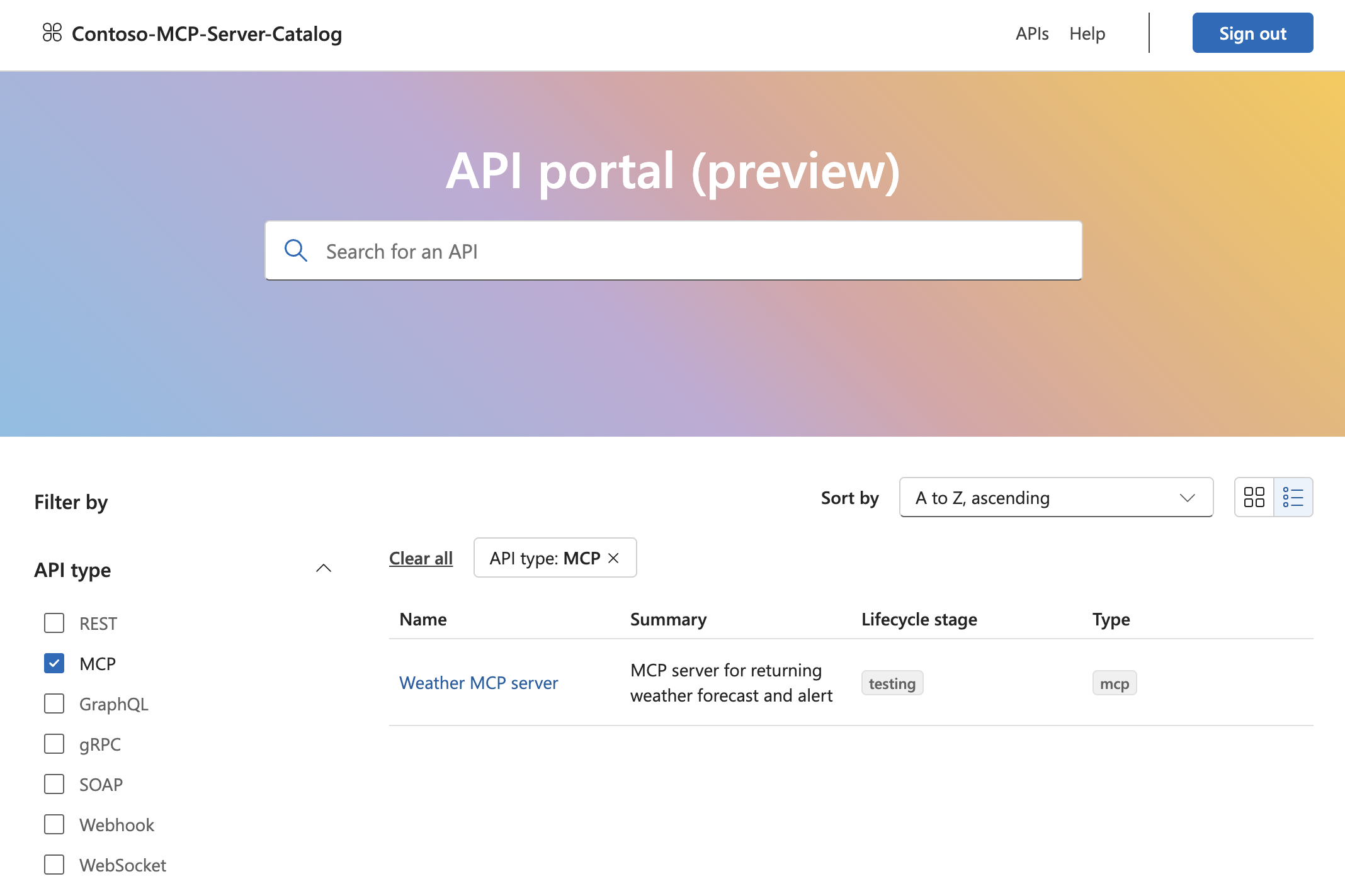 Portal pusat API memperlihatkan server MCP