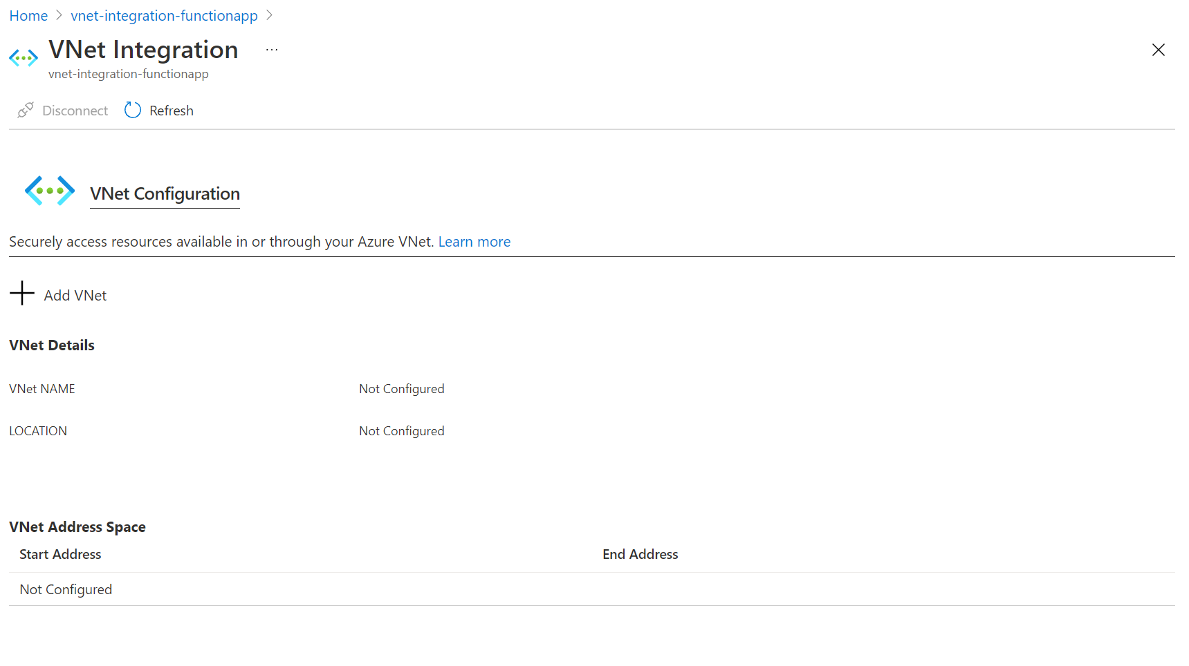Cuplikan layar halaman integrasi jaringan virtual tempat Anda dapat mengaktifkan integrasi jaringan virtual di aplikasi Anda.