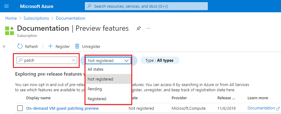Cuplikan layar fitur pratinjau filter portal Azure.
