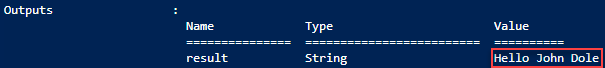 Cuplikan layar output skrip penyebaran templat Azure Resource Manager, **halo dunia**.