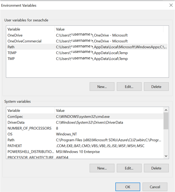 Cuplikan layar yang memperlihatkan variabel lingkungan default.