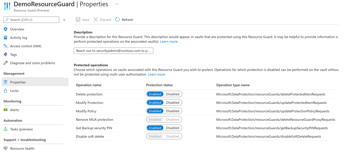 Cuplikan layar memperlihatkan properti pelindung sumber daya demo.
