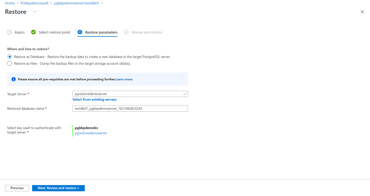 Cuplikan layar yang memperlihatkan opsi yang dipilih untuk dipulihkan sebagai database.