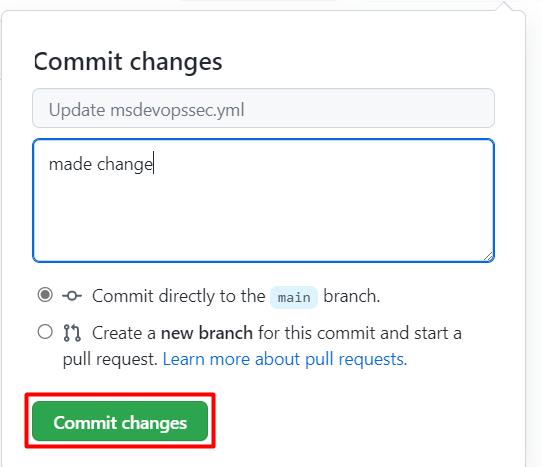 Cuplikan layar yang memperlihatkan tempat untuk memilih Terapkan perubahan di halaman GitHub.
