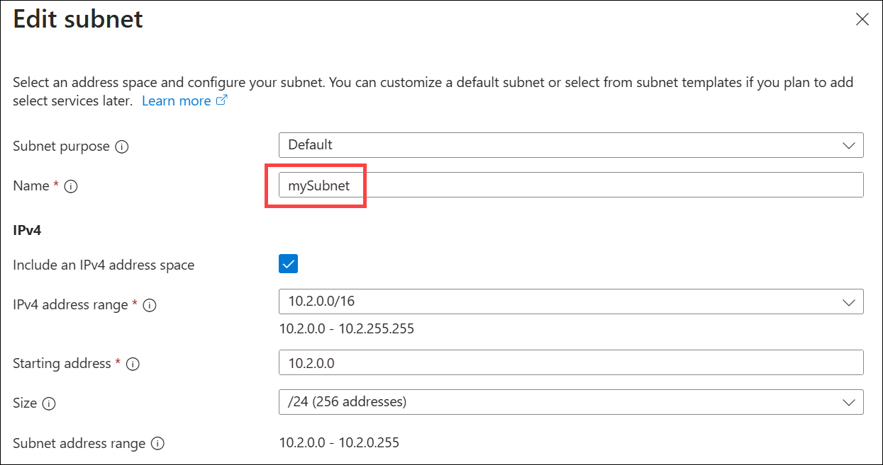 Cuplikan layar menentukan ruang alamat IPv4 subnet.