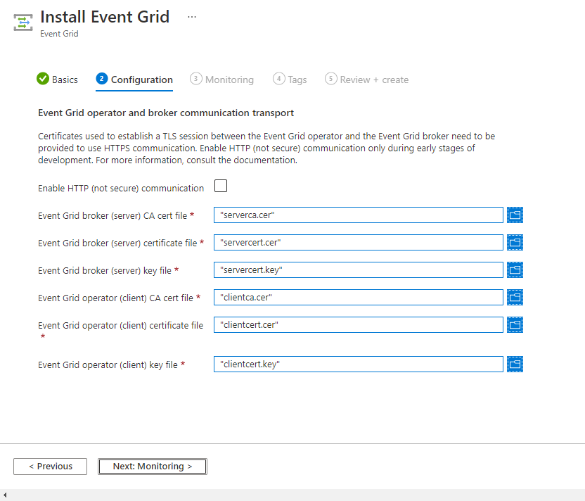 Instal ekstensi Event Grid - Halaman konfigurasi