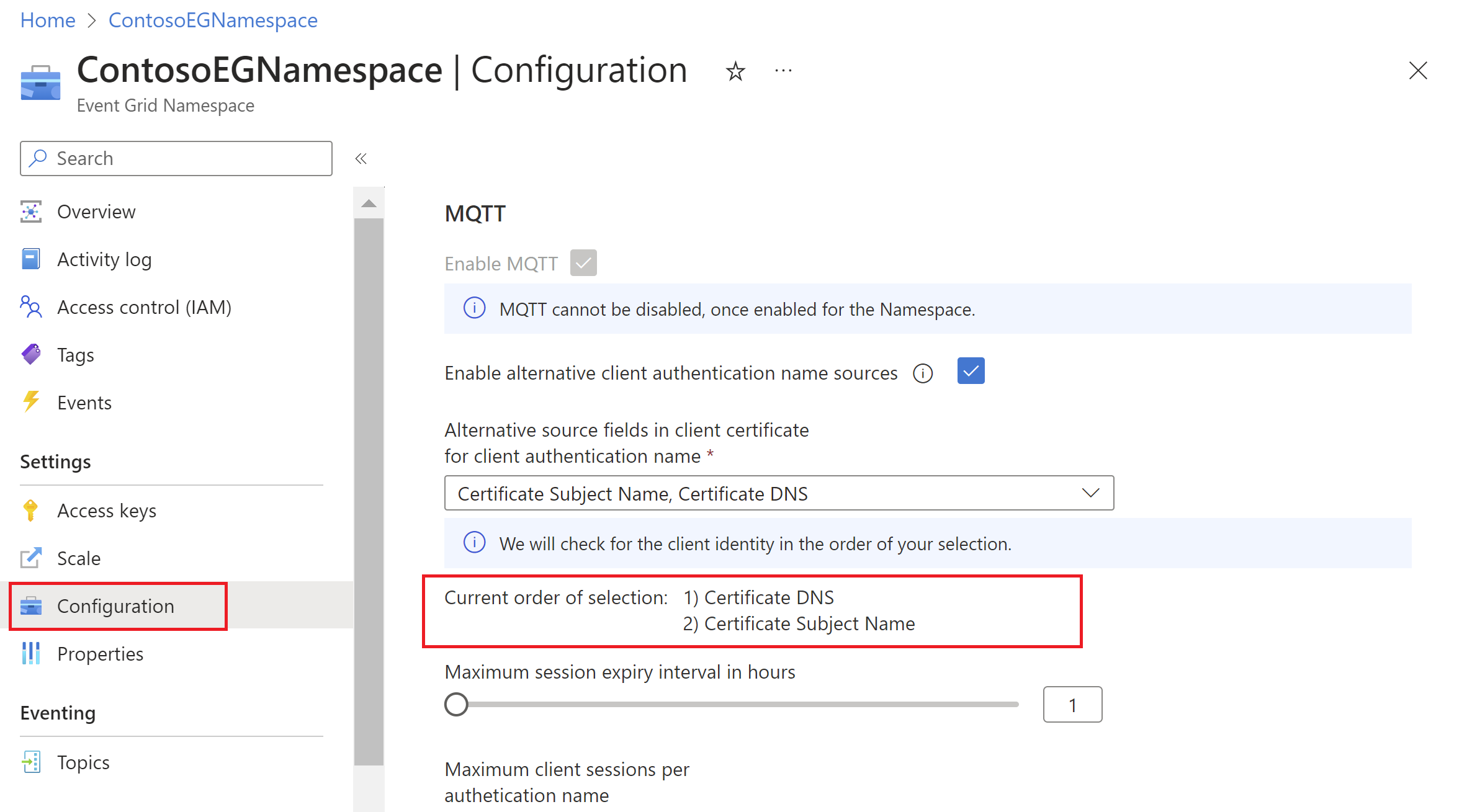 Cuplikan layar memperlihatkan halaman konfigurasi namespace dengan nama autentikasi klien pengaturan sumber alternatif.