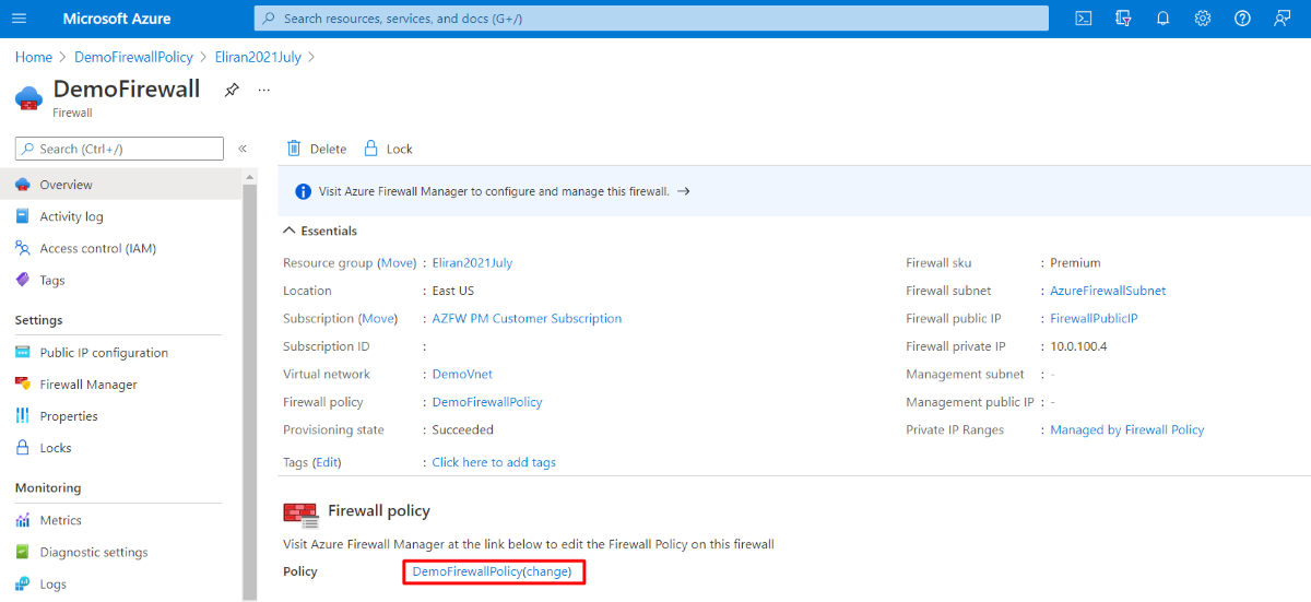 Cuplikan layar memperlihatkan kebijakan firewall