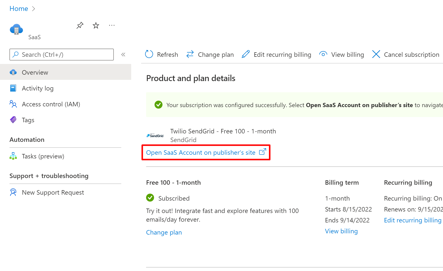 Cuplikan layar yang memperlihatkan gambaran umum SendGrid di portal Azure.