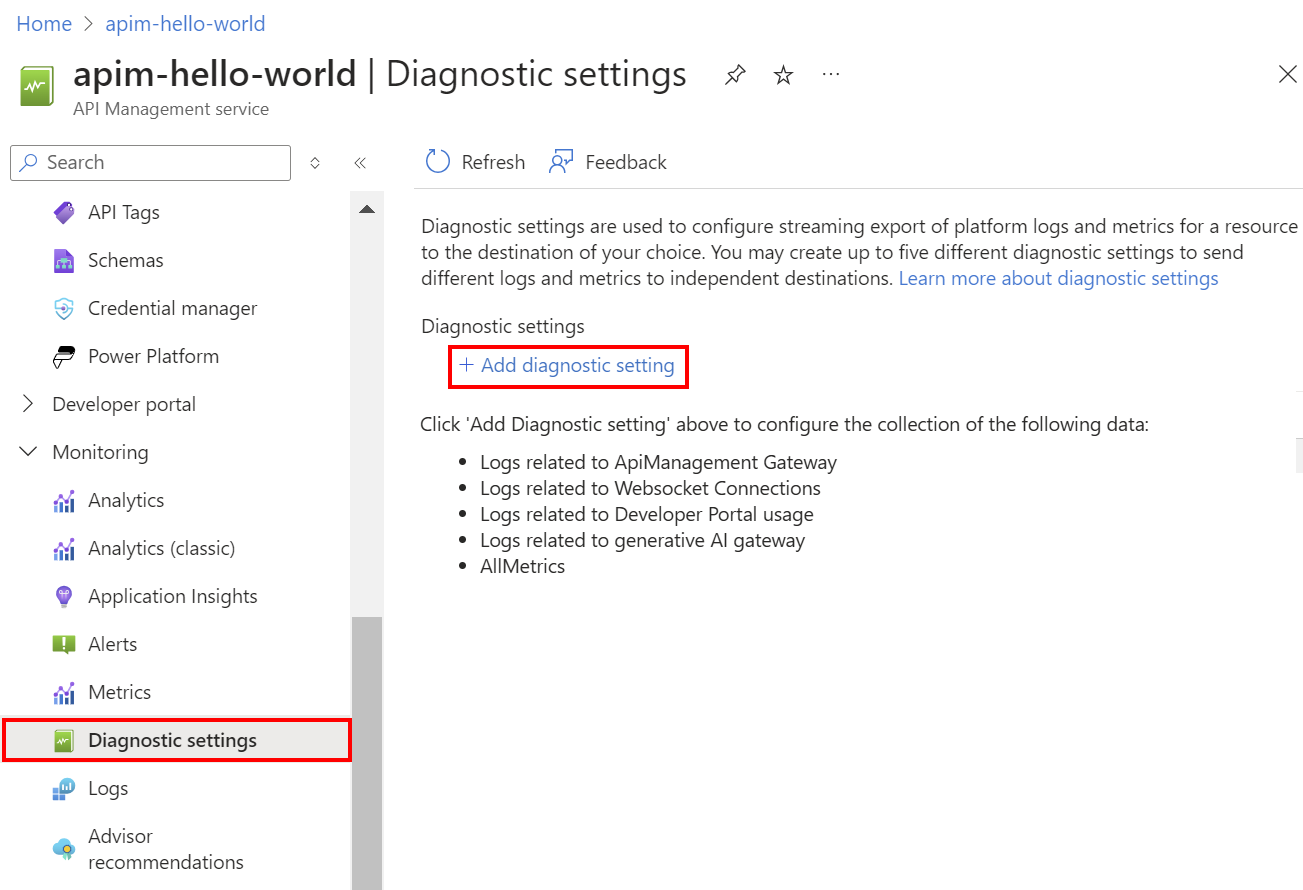 Cuplikan layar menambahkan pengaturan diagnostik di portal.