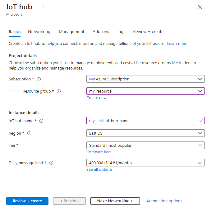Tangkapan layar yang memperlihatkan cara membuat hub IoT di portal Azure.