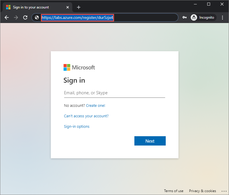 Cuplikan layar browser dengan contoh tautan pendaftaran untuk Azure Lab Services, menyoroti tautan pendaftaran.