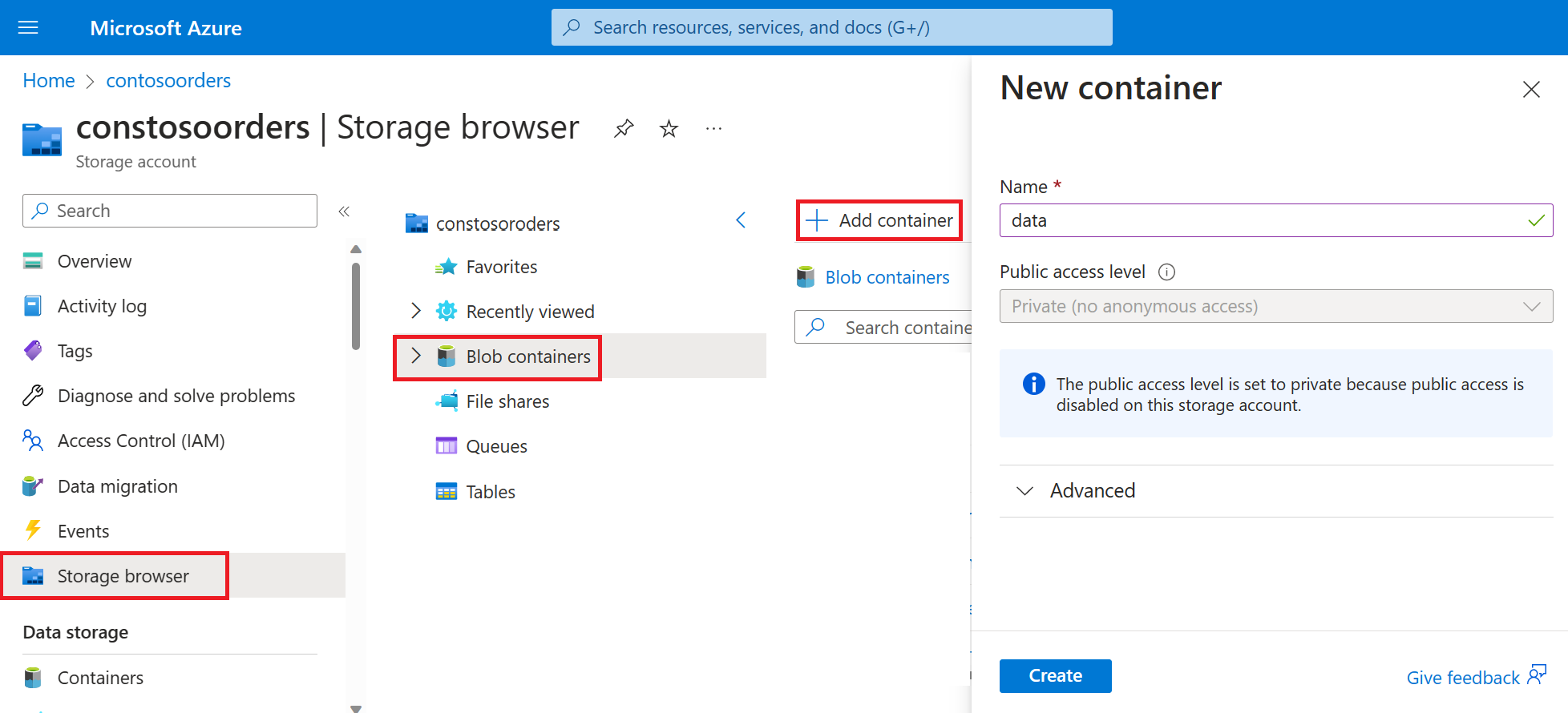 Cuplikan layar pembuatan folder di browser penyimpanan.