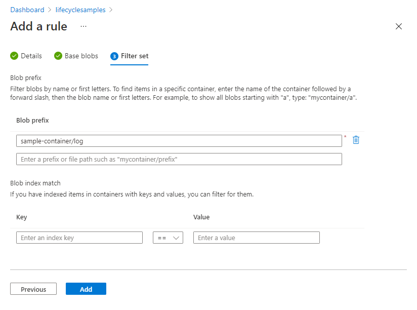 Cuplikan layar halaman set filter manajemen siklus hidup di portal Microsoft Azure