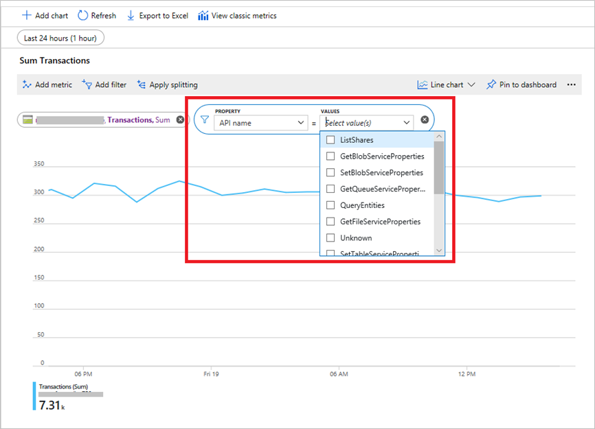 Cuplikan layar mengakses metrik dengan dimensi di portal Microsoft Azure