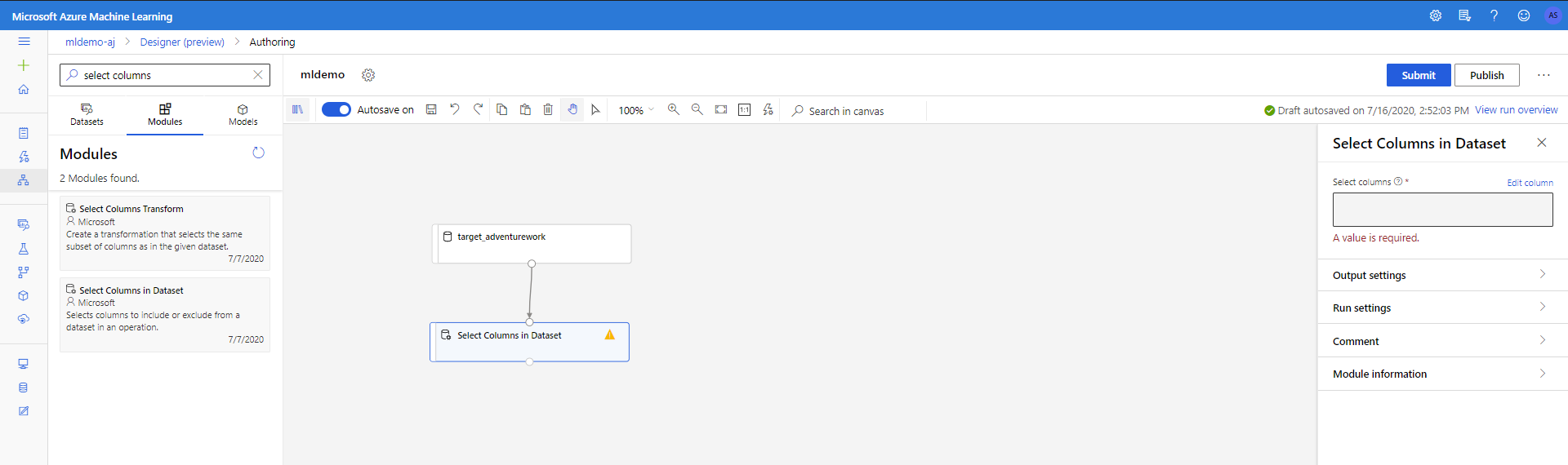 Cuplikan layar komponen pemilihan kolom pada kanvas.