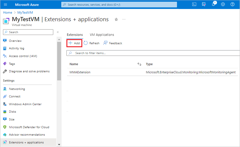 Screenshot yang menunjukkan cara menambahkan ekstensi untuk komputer virtual di portal Azure.