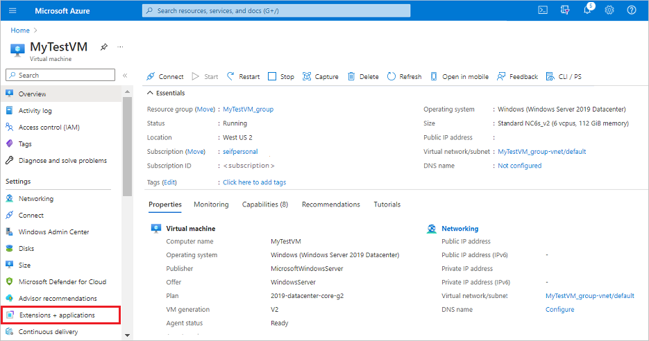 Screenshot yang menunjukkan cara memilih Ekstensi + Aplikasi untuk komputer virtual di portal Azure.