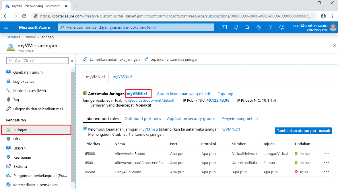 Cuplikan layar memperlihatkan pengaturan antarmuka jaringan virtual di portal Azure.