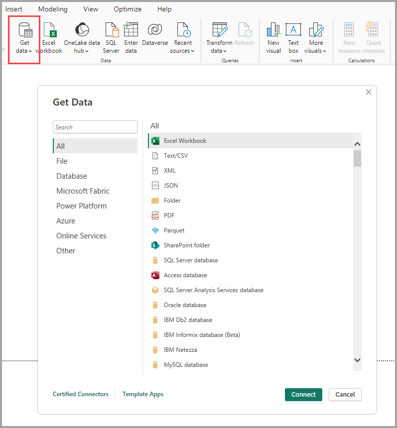 Cuplikan layar yang memperlihatkan ikon Dapatkan Data dan kotak dialog Dapatkan Data di Power BI Desktop.