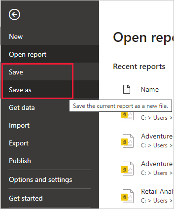 Cuplikan layar Power BI Desktop memperlihatkan tab File Editor Power Query. Opsi simpan dan simpan sebagai disorot.