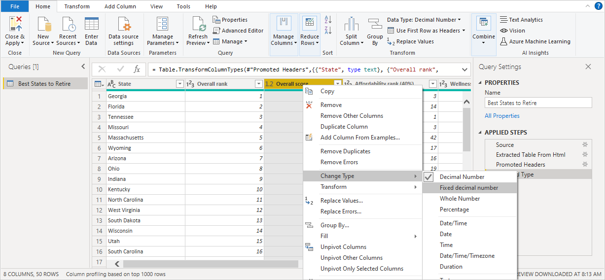Cuplikan layar Power BI Desktop memperlihatkan Data di panel tengah.