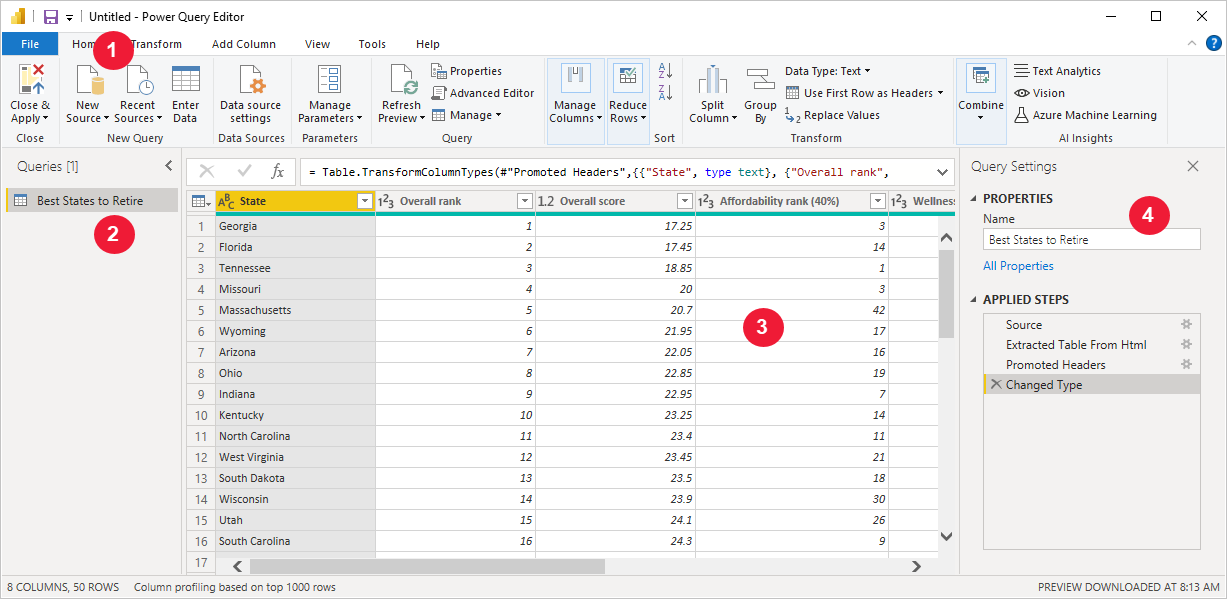 Cuplikan layar Power BI Desktop memperlihatkan panel Pengaturan Kueri di Editor Power Query.