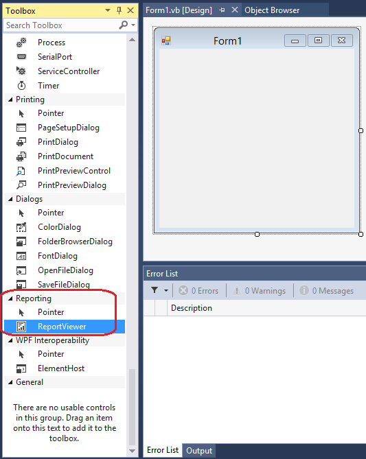 Tangkapan layar Toolbox, menyoroti kontrol ReportViewer.