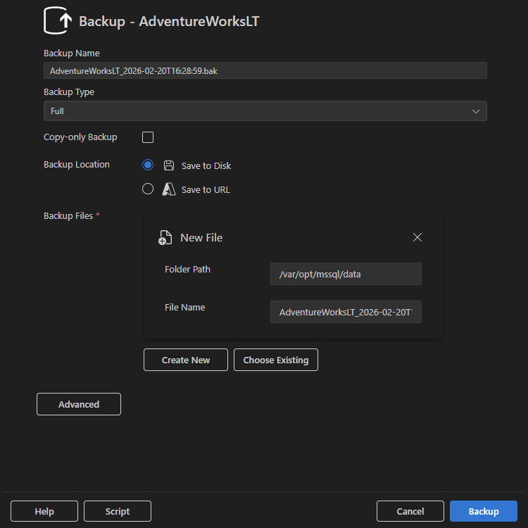 Cuplikan layar dialog Cadangan dengan Simpan ke Disk dipilih.