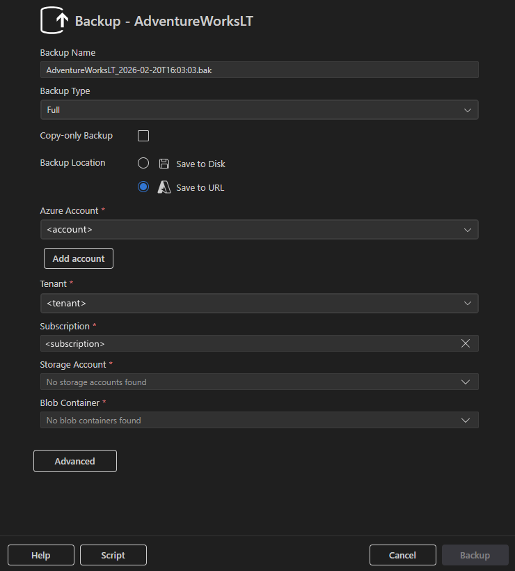 Cuplikan layar dialog Cadangan dengan Simpan ke URL dipilih memperlihatkan bidang konfigurasi Azure.