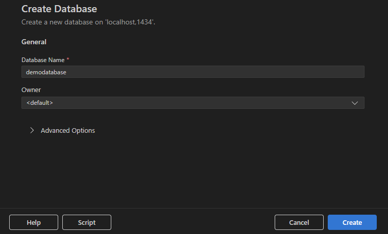 Cuplikan layar dialog Buat Database dengan nama database dan opsi tingkat lanjut.