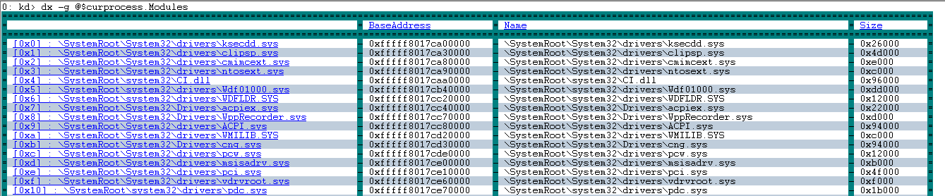 Cuplikan layar output dari perintah dx -g @$curprocess.modules, menampilkan output kisi kolom.
