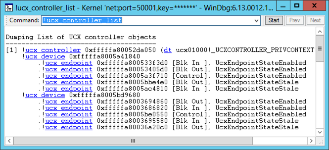 Cuplikan layar output perintah !ucx-controller-list yang menampilkan pengontrol host USB 3.0, perangkat yang terhubung, dan titik akhir.