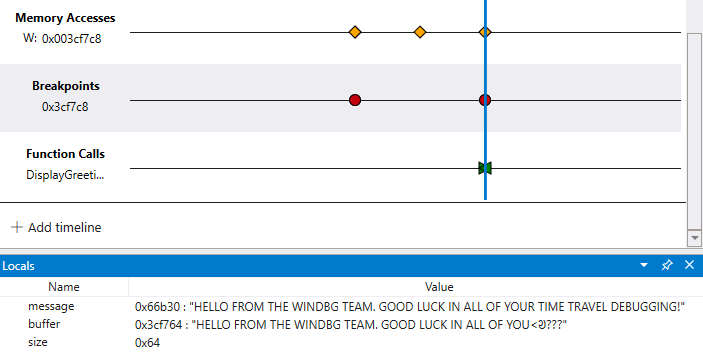 Cuplikan layar garis waktu di debugger yang menampilkan garis waktu akses memori dan jendela Lokal dengan pesan dan buffer yang berisi nilai string yang berbeda.