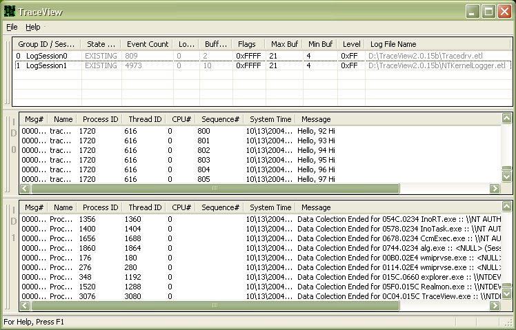 Cuplikan layar daftar sesi pelacakan yang menampilkan Tracedrv dan log sesi pelacakan NT Kernel Logger.