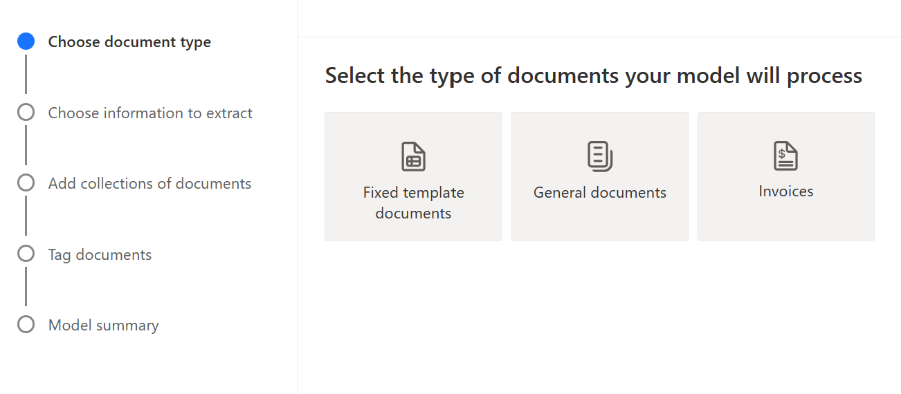 Cuplikan layar ubin di bawah 'Pilih jenis dokumen yang akan diproses model Anda'.