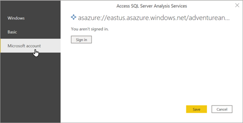 Cuplikan layar memperlihatkan Masuk ke Azure Analysis Services.