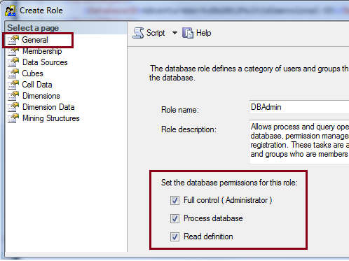 Dialog buat peran memperlihatkan izin database