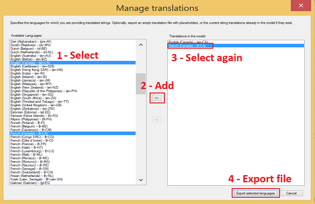 Cuplikan layar kotak dialog Kelola terjemahan dengan setiap langkah bernomor dari bagian ini dipanggil.